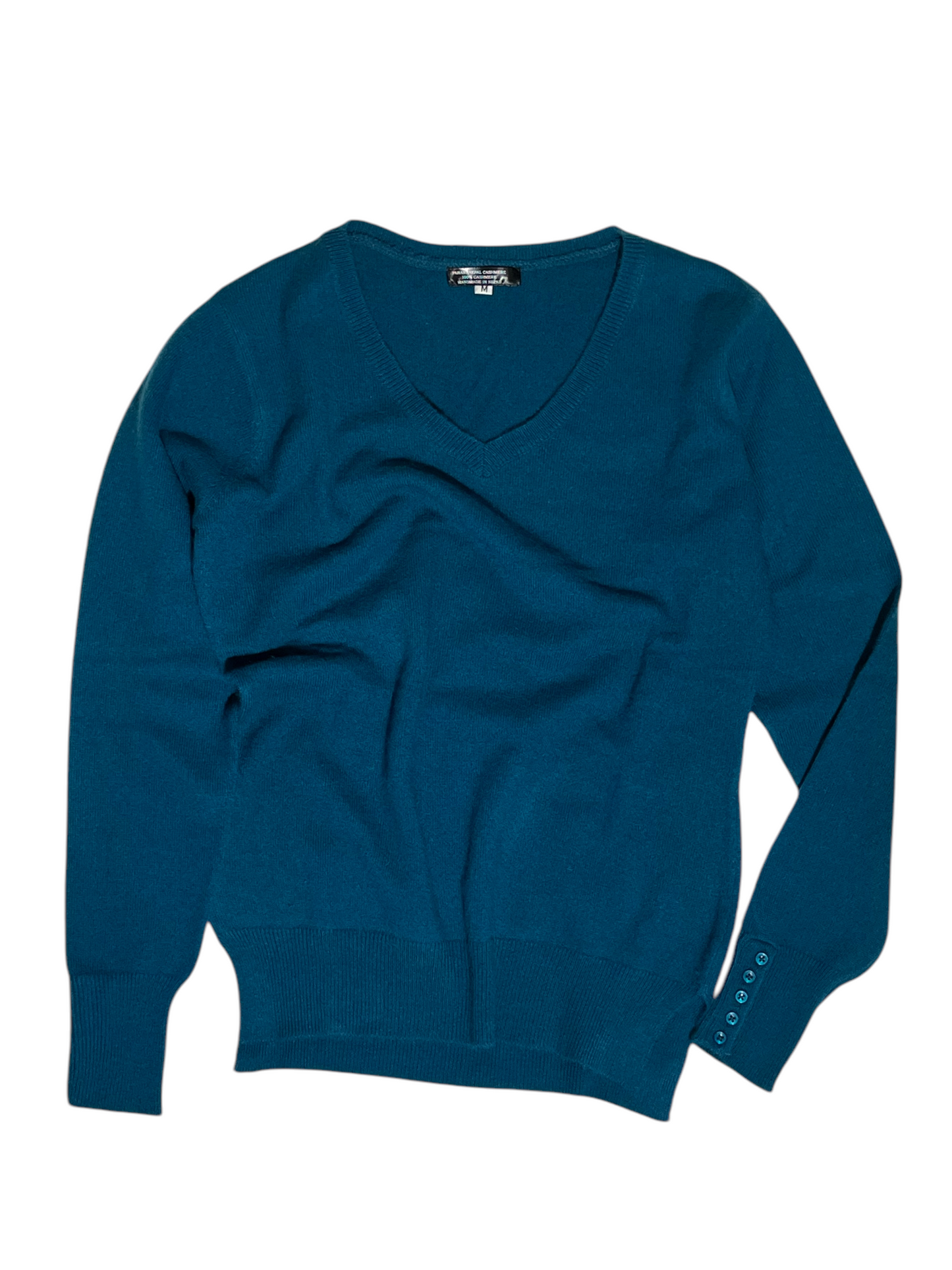 Hand Knit Teal Color Ladies Sweater - 100% Cashmere