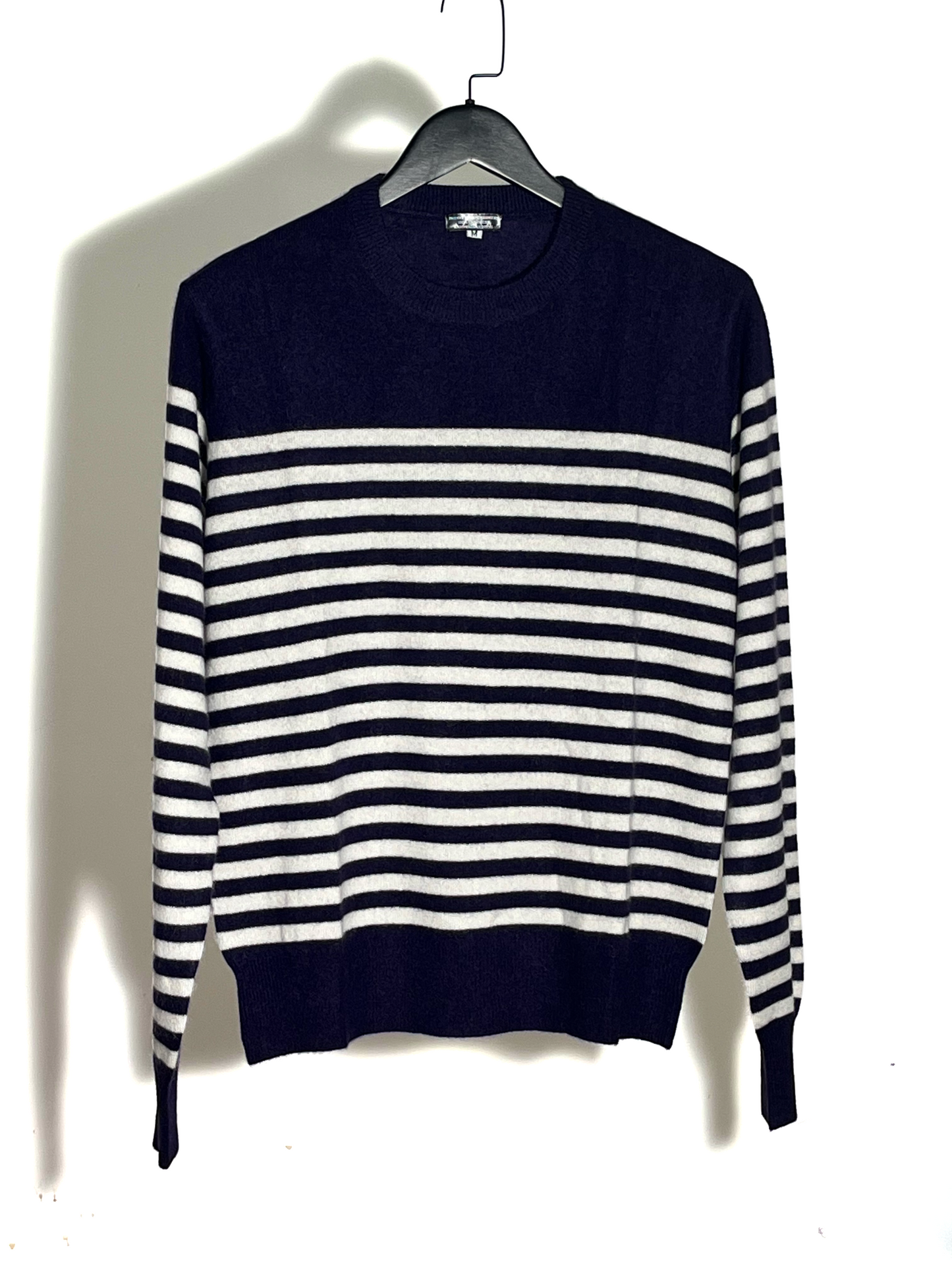 Hand Knitted Navy Blue Stripe Sweater - 100% Cashmere