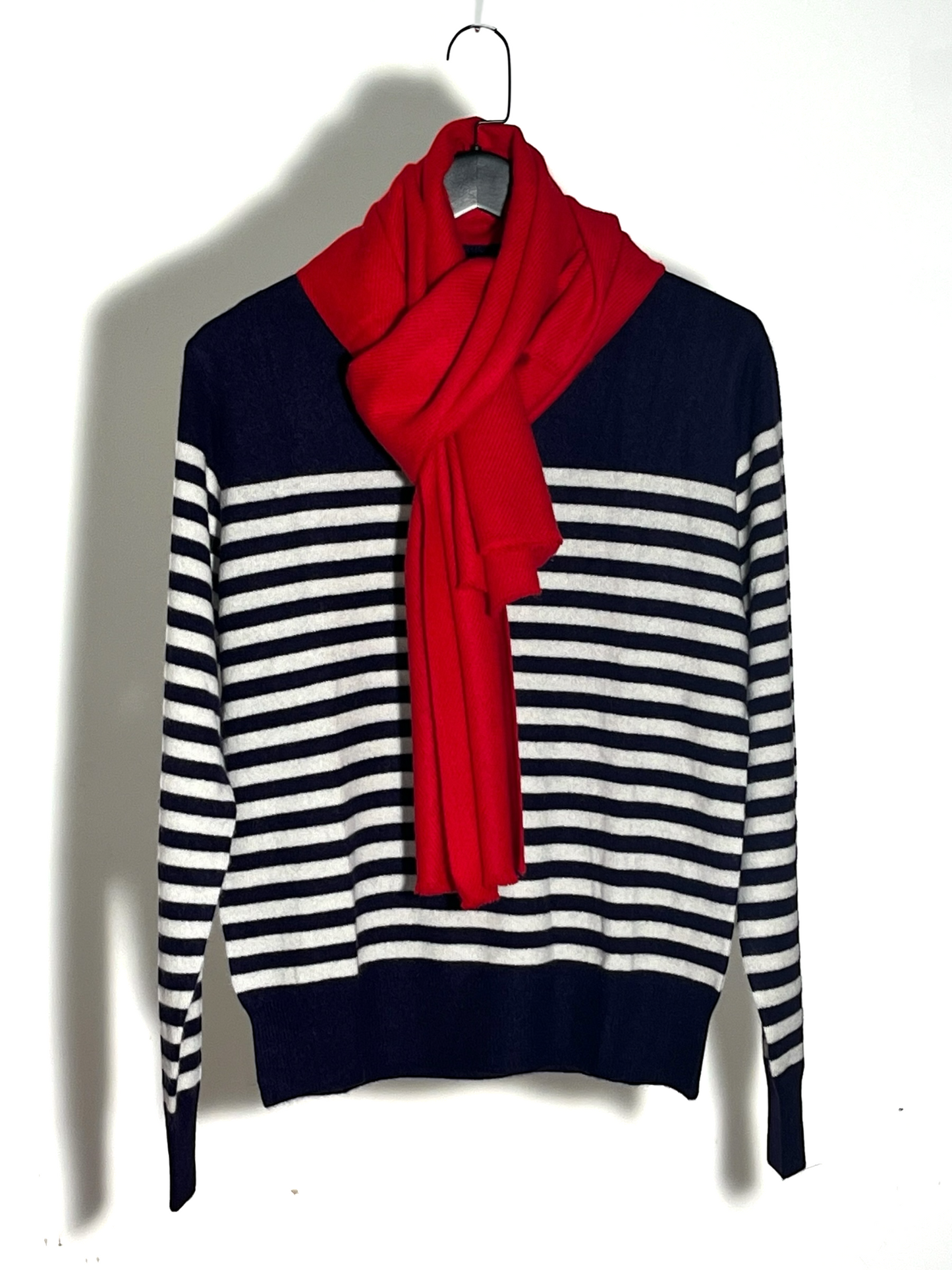Hand Knitted Navy Blue Stripe Sweater - 100% Cashmere