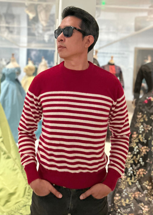 Hand Knitted Burgundy Stripe Sweater -  100% Cashmere